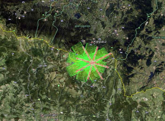 Kapitola 4: Data a metody Obrázek 31: BRDF letové linie (APEX 212) Tato letecká kampaň nepokrývala pouze území Krkonoš na české straně hor, ale i na polské, přičemž interval vlnových délek,413 2,447