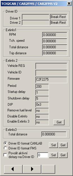 Zobrazuje Driver ID je li nastaven formát CANLAB. Zobrazuje data z paketu ExtInfo1. Zobrazuje data z paketu ExtInfo2. Číslo firmware.