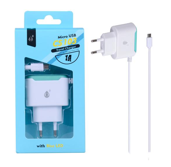 Nabíječka PLUS CS103 s kabelem Micro USB 5 V / 1 A Cestovní nabíječka s Micro USB kabelem vstup: AC 110-240 V, 50-60 Hz výstup: DC 5 V, 1000 ma