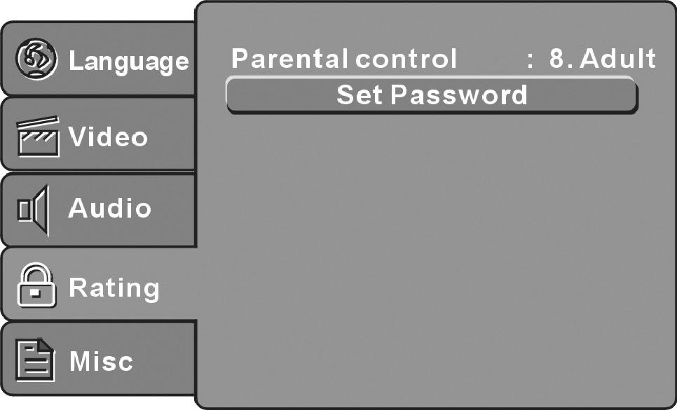 ENG RATING SETUP Select Rating in the setup menu, and display the Rating submenu: Parental Control Set the parental control feature of the player Note: Password is needed before setting