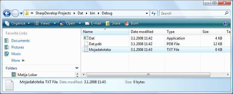 5 3: public class Program 4: 5: public static void Main(string[] args) 6: 7: File.CreateText("Mojadatoteka.txt"); 8: 9: "Zanimiva" je le vrstica 7. Če pokličemo metodo File.