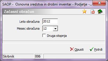 4. OBRAČUN AMORTIZACIJE 4.1. Začasni obračun amortizacije Začasni obračun amortizacije sprožimo s pomočjo gumba, ki se nahaja na spodnjem delu preglednice osnovnih sredstev.