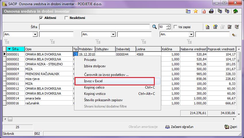 8. IZVOZ V EXCEL Vse podatke v icentru, ki jih prikazujemo v tabeli lahko izvozimo v Excel.