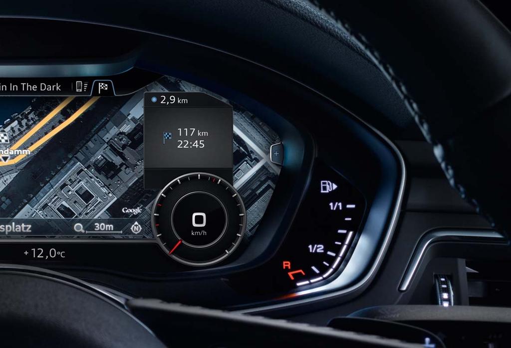 Navigace, telefon, hudba, služby Audi connect a upozornění asistenčních systémů