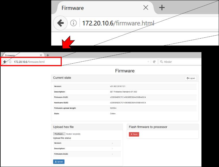 Po spárování pokladny s PC stiskněte ikonu Aktualizace firmware a přejděte na stránku aktualizace, nebo, pokud je Váš firmware starší a takovou ikonu na obrazovce nevidíte, tak na prohlížeči za IP