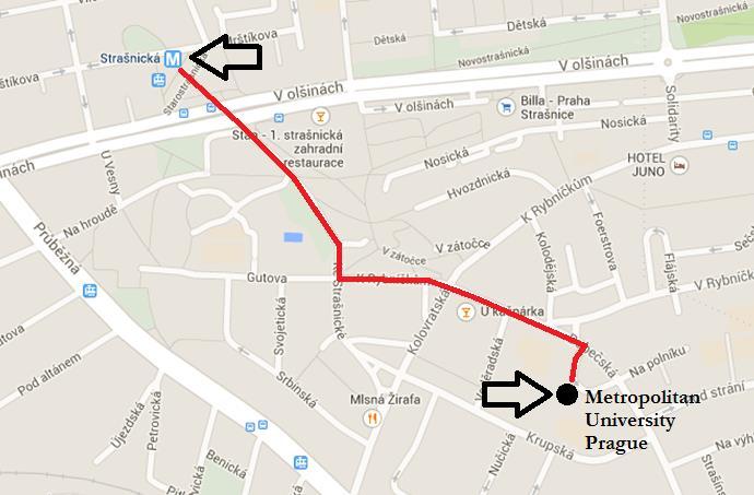 the green line of the Metro (A) to the Strašnická station and then a short