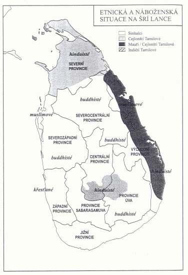 8.2 Příloha: Mapa administrativního členění a náboženského a etnického složení Srí Lanky Zdroj: FILIPSKÝ, Jan, KNOTKOVÁ-ČAPKOVÁ, Blanka, MAREK,