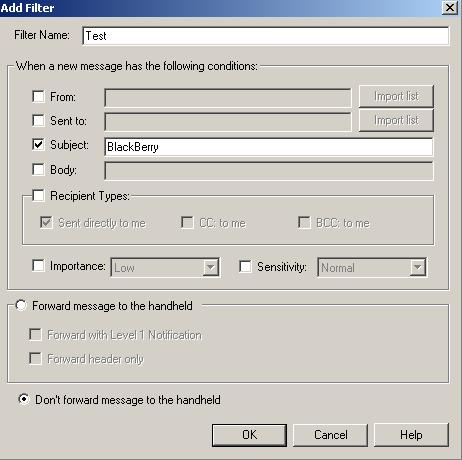 V tomto případě pokud bude předmět zprávy obsahovat text BlackBerry, nebude přeposlána na Handheld. Filtr je možné kdykoliv změnit nebo smazat kliknutím na tlačítko Edit nebo Delete.