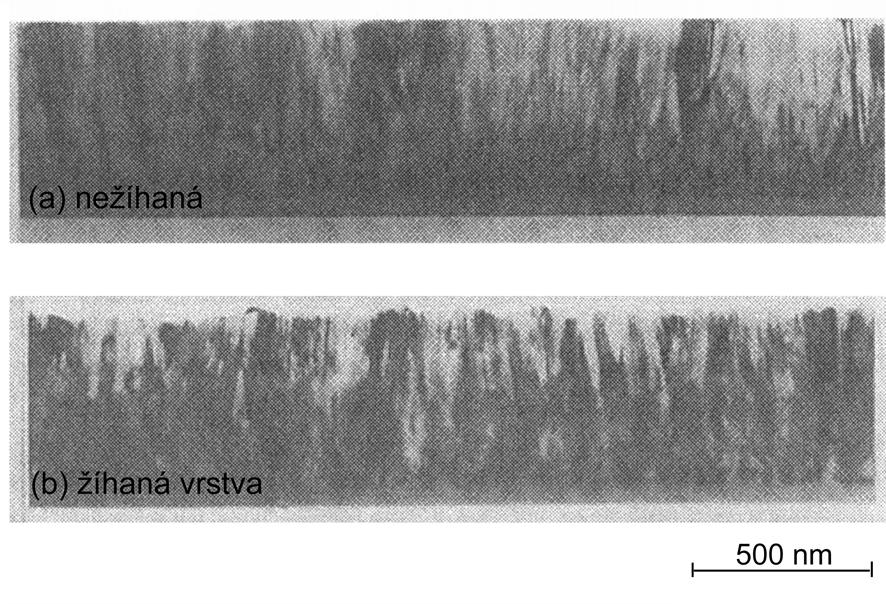 Obrázek 2.10: Kolmé řezy nedopovanou vrstvou polykrystalického křemíku zobrazené transmisním elektronovým mikroskopem. Vrstvy byly deponovány LPCVD technikou, depoziční teplota 625 C.