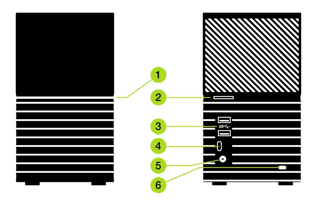 Informace o úložném zařízení WD Obr. 1.1 1. Čelní kontrolka LED indikuje napájení a činnost zařízení bílým nebo oranžovým světlem. 2. Tlačítko napájení 3.