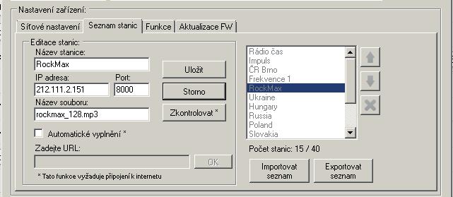 Editace stanic*: V sekci Editace stanic lze pomocí přítomných tlačítek přidávat nové či upravovat stávající stanice v seznamu.