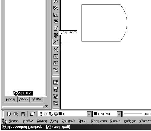 Krok 3 náčrt: Vytvoření náčrtu je operace, kdy si Mech. Desktop předělá náš návrh tvořený jednoduchými objekty Autocadu k obrazu svému - udělá si z něho objekt, kterému rozumí, tj.