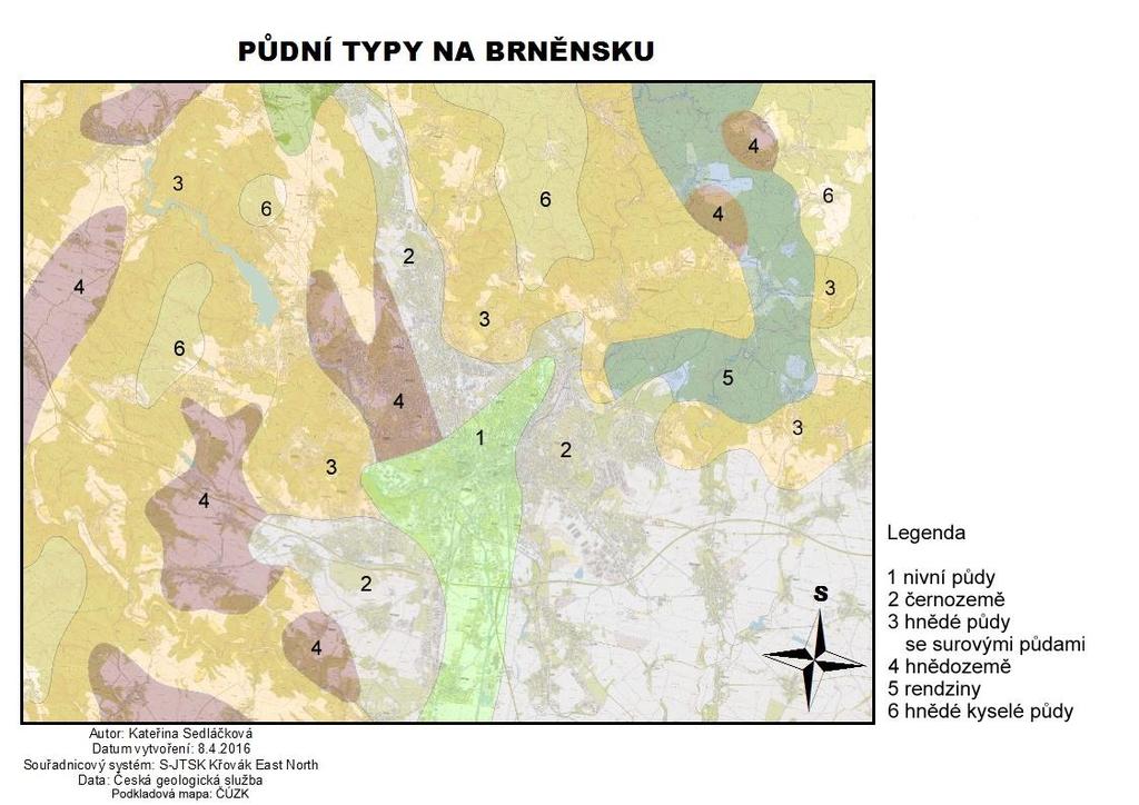 okolí celého města. Na východě Brna a v údolí Ponávky najdeme černozemě (ČGS, 2016). Obr. 3 Půdní typy na Brněnsku (ČGS, 2016) Důležité pro téma práce jsou geologické poměry.