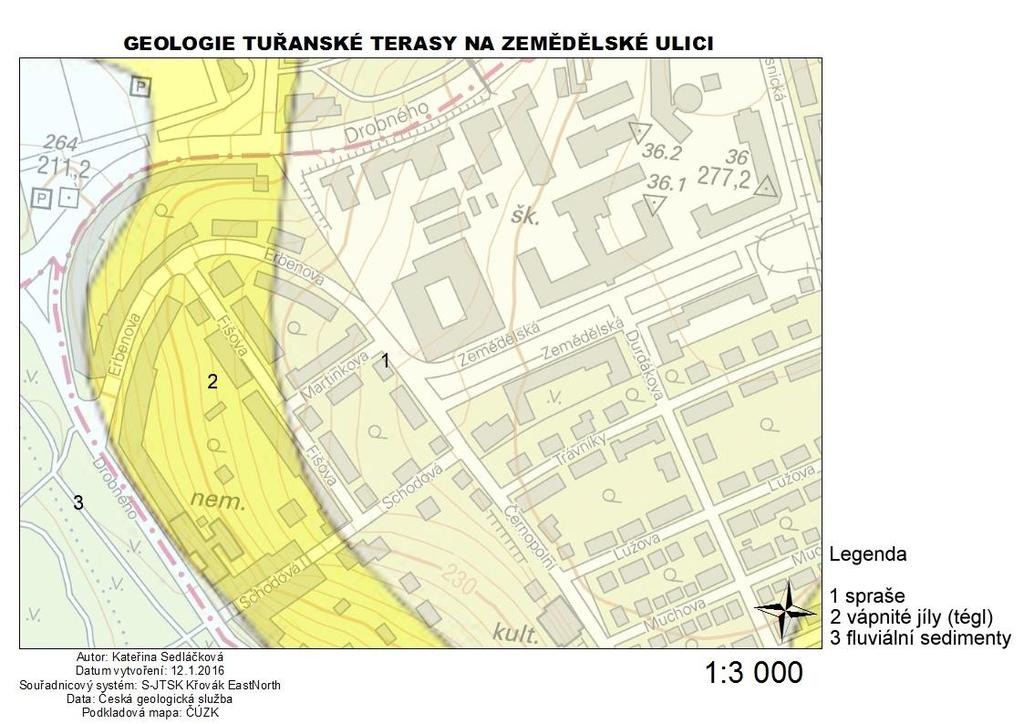 Obr. 29 Geologie zkoumaného území (ČGS, 2016; ČÚZK, 2016) Nižší z teras je západněji a má