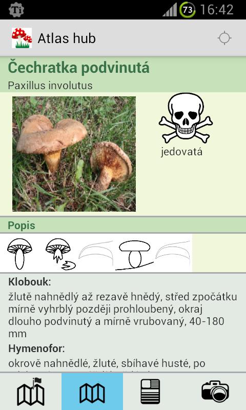 Obrázek 24. Obrazovky přehledu houby a mapy části se nachází český název houby, pod ním je latinský název.