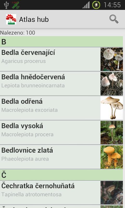 4.5. Obrazovka Seznam Activita obsahuje abecedně seřazený seznam hub, po výběru se přesuneme na přehled houby.