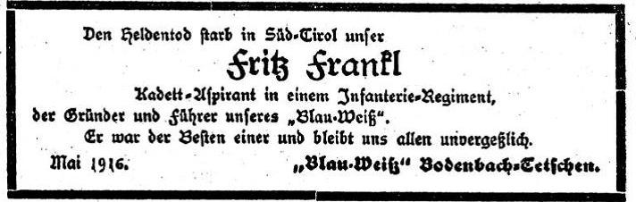 Parte vůdce skupiny Blau-Weiss v Děčíně-Podmoklích Fritze Frankla, který zahynul v bojích 1. světové války. Na jeho památku byly členy podmokelského oddílu vysazeny stromky v lese v kibucu Sarid.