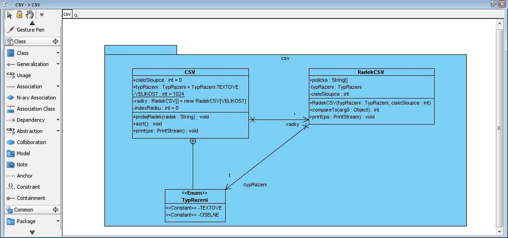 UTB ve Zlíně, Fakulta aplikované informatiky, 2009 40 Obrázek 6.7 Výsledek reverzního inženýrství na package csv 6.2.4 Hodnocení Visual Paradigm for UML Tento nástroj je velmi robustní, bohužel však na úkor svižnosti a přehlednosti.