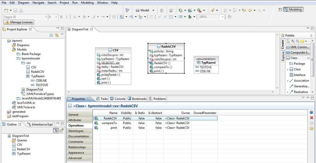 UTB ve Zlíně, Fakulta aplikované informatiky, 2009 50 Obrázek 6.17 Ukázka diagramu tříd a výpisu metod třídy RadekCSV Modelování v RSA je podobné modelování v jiných CASE nástrojích.