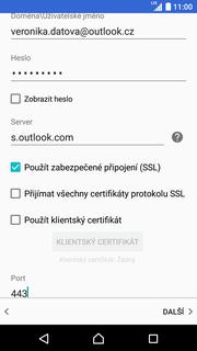 outlook.cz E-mail. Vyberete poskytovatele Exchange ActiveSync. Vyplníte vaši e-mailovou adresu a ťuknete na DALŠÍ. Zadáte své heslo k e-mailovému účtu a ťuknete na DALŠÍ.