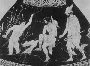 Obr. 46 Odysseus, Elpenor a Hermés.