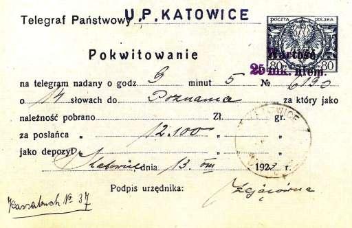 listopadu1922 přepočtou protokolárně svoji zásobu a zaevidují ji dnem 1.prosince ve zvýšené ceně. Nr.4809/XII ze dne 22.listopadu 1922. Potvrzení za telegram z Katovic z r.