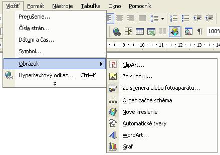 Všetky možnosti pre vkladanie grafických objektov sa nachádzajú v hlavnom menu Vložiť Obrázok Clip Art - umožňuje vložiť do dokumentu ľubovoľné zvuky, obrázky, animácie alebo videosúbory.