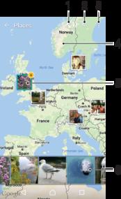 1 Zobrazení fotografií obsahujících zeměpisné souřadnice v režimu zeměkoule 2 Hledání místa na mapě 3 Zobrazení nabídky možností 4 Dvojitým ťuknutím zobrazení přiblížíte. Sevřením prstů jej oddálíte.