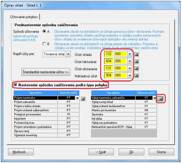 Predtým, ako budeme pridávať pohyby na sklad, je potrebné nastaviť účty pre konkrétny sklad a spôsob zaúčtovania v jednotlivých pohyboch na sklade.