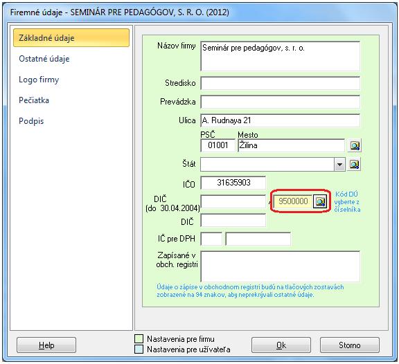 Firemné údaje Po vygenerovaní novej databázy je potrebné pred začiatkom práce doplniť základné údaje o účtovnej jednotke cez menu Firma Nastavenie Firemné údaje.