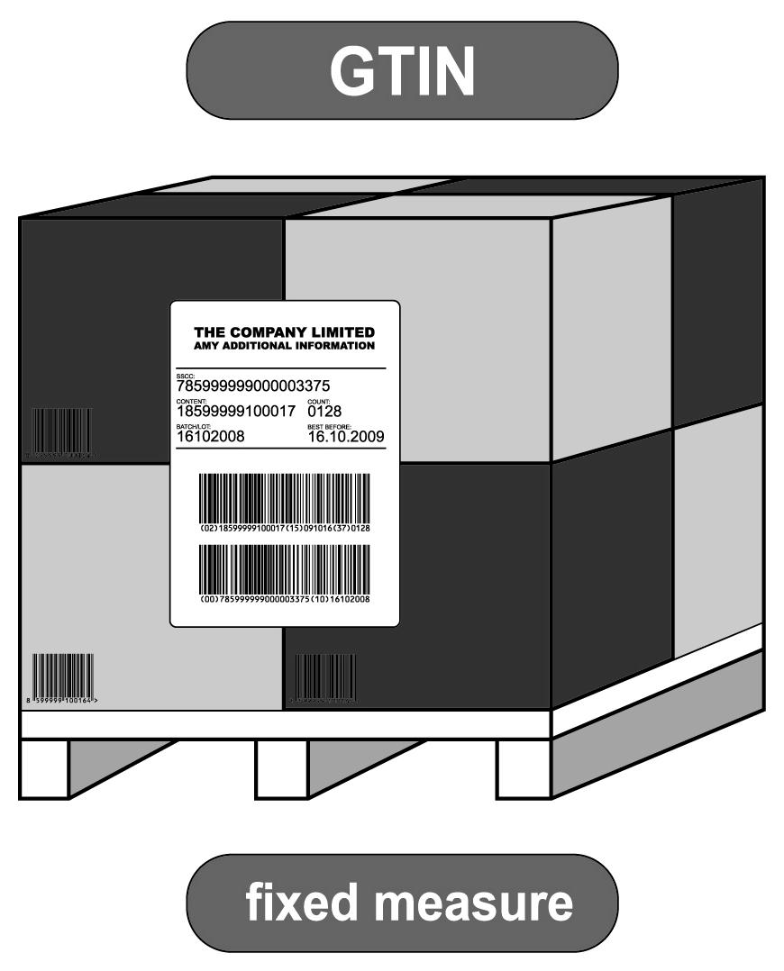 Doporučená data GTIN1 začínající 9 s AI (02) + povinně množství obchodních jednotek s AI (37) + povinně jedna z měr: - čistá hmotnost (kg) s AI (310n) - délka (m) s AI (311n) - plocha (m 2 ) s AI