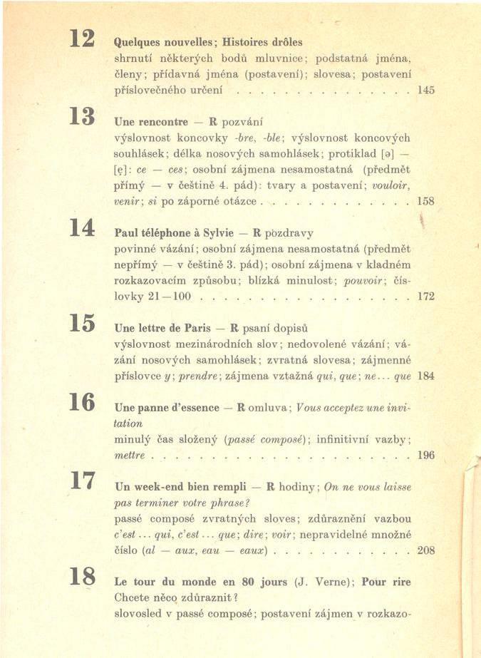 Quelques nouvelles; H istoires dröles sh rn u ti n ě k te rý c h bodů m lu v n ice; p o d sta tn á jm éna, člen y ; p říd a v n á jm é n a (p ostavení); slovesa; postaven í příslovečného u r č e n i.