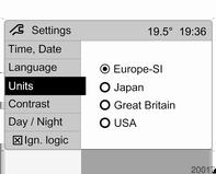 Zvoľte položku ponuky Units (Jednotky) z menu Settings (Nastavenia). Zobrazia sa dostupné jednotky. Zvoľte požadované jednotky. Označené položka sú indikované o pred položkou menu.