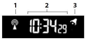 Indikátory a symboly displeje Indikátory aktuálního času a budíku 1 Symbol vysílače, který se zobrazuje během příjmu časového signálu DCF-77.