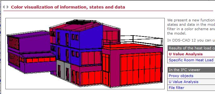DDS-CAD 7 Různá barevná nastavení umožňují porovnávat nastavení U hodnoty, tepelný výkon, u IFC prohlížeče pak proxy objekty, U hodnotu a vložené soubory.