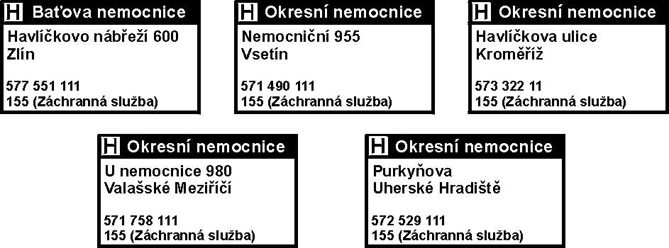 DŮLEŽITÉ INFORMACE Hasiči 150 Rychlá lékařská služba 155 Policie 158 Městská policie 156 Linka SOS 577 431 333 Zdravotní péče Zlín Lékaři 577 214 445-6, 577 553 260 Lékárny 577 210 523, 577 210 525