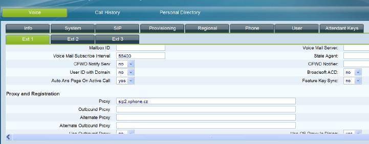 Posledním krokem je nastavení SIP serveru a sip uživatelského účtu v záložce Ext1 nebo 2 či 3.