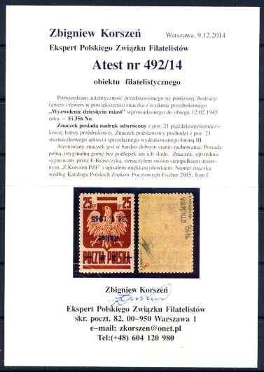 - 15 - Z.KRORSZEŃ PZF a označil ji měkkou tužkou číslem známky podle Katalogu polských známek Fischer 2015/Díl 1. Zbigniew Korszeń / podpis / znalec Polského svazu filatelistů, poštovní schránka č.