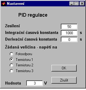 1999]: 1 1 1 x = θ + ( e e ) + ( e e ) + e d + u 1 τ, (1) u x kde je u x - řídicí veličina (napěí na žárovce), e 1 - regulační odchylka, rozdíl žádané a akuální hodnoy eploy, e 2 - regulační