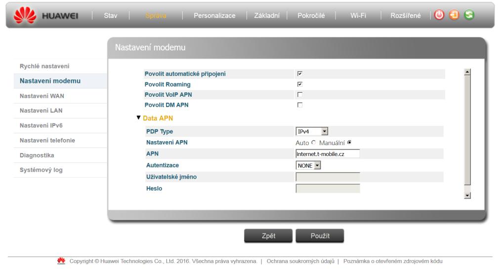 cz), klikněte na tlačítko Manual (Manuální), do okna APN zadejte správné APN internet.t-mobile.cz a kliknutím na Apply (Použít) jej potvrďte. 4.