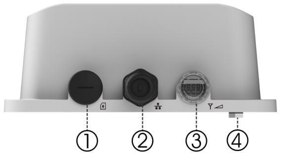 2 Panely venkovní a vnitřní jednotky 2 Panely venkovní a vnitřní jednotky 2.1 Spodní strana venkovní jednotky 1. Slot pro vložení SIM karty. 2. Konektor RJ-45 pro připojení k PoE (WAN) portu vnitřní jednotky.