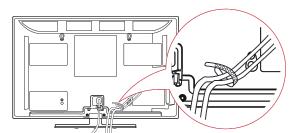 Držák NAPÁJECÍHO kabelu Pouze 47LK95** 1 Spojte kabely do svazku pomocí držáku kabelů. 2 Držák kabelů pevně připevněte k televizoru. 2 Spojte kabely do svazku pomocí držáku kabelů.