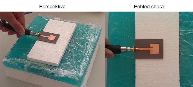 6.4 Flíčková anténa v blízkosti fantomu Činitel odrazu na vstupu Ćíčkové antény byl měřen 10 mm od fantomu lidské tkáně (obr. 6.15). Výsledek ukazuje posunutí rezonančního kmitočtu o 200 MHz (obr. 6.16).