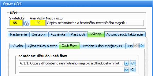 Ukážka prednastavenia účtu v účtovom rozvrhu do výkazu Cash Flow: Údaje naplnené vo výkaze je možné zmeniť (ručne prepísať).