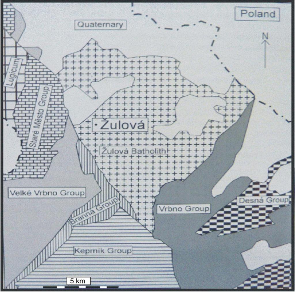 2.2 Žulovský masiv Žulovský masiv (ŽM) vystupuje v s. části silezika (obr. 1 a 2) a zaujímá na našem území plochu asi 80 km 2.