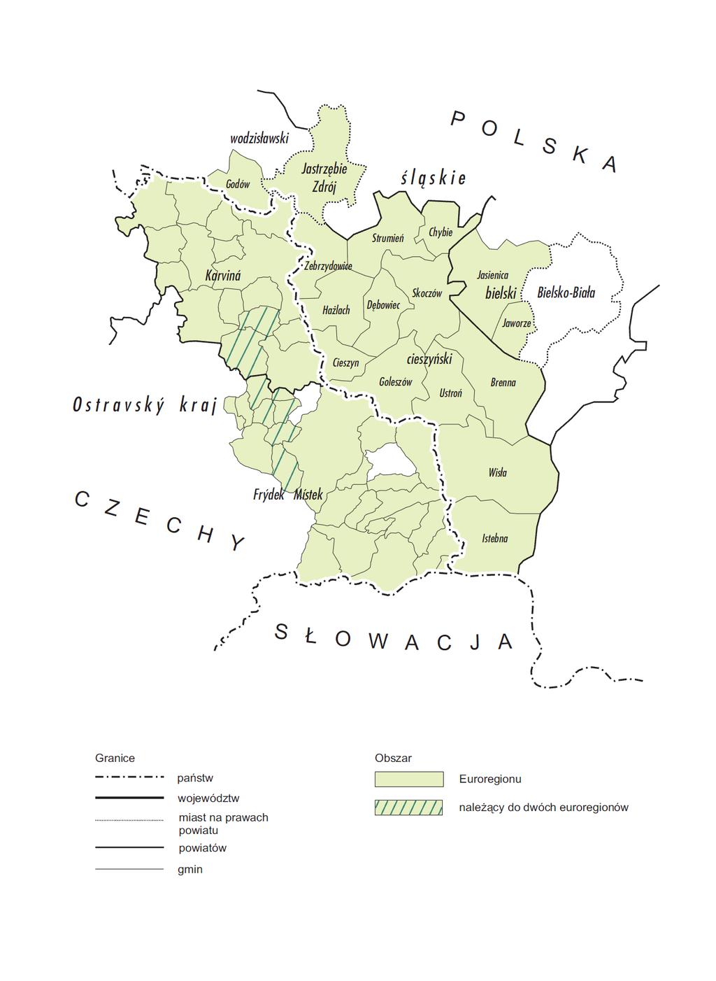 Mapa 6: Euroregion Těšínské Slezsko, stav k 21. 6. 2007. Zdroj: BANASZAK, S.