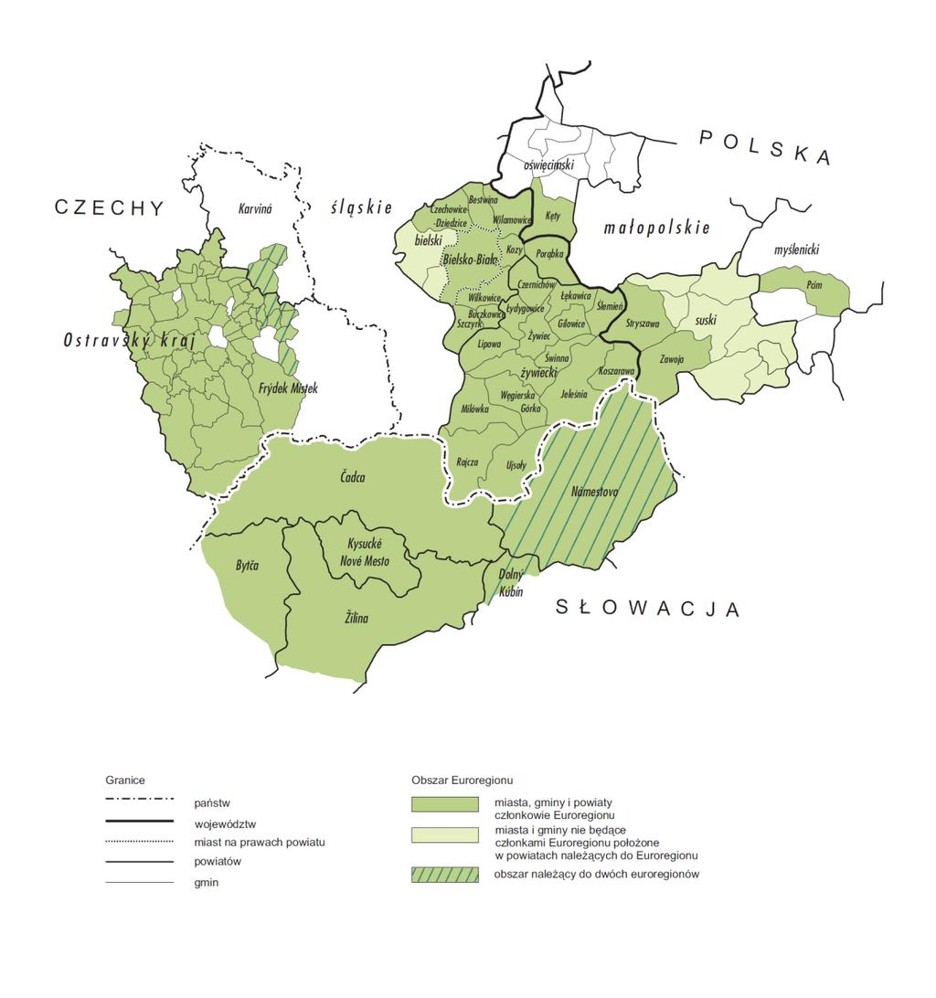 Mapa 8: Euroregion Beskydy, stav k 30. 8. 2007. Zdroj: BANASZAK, S. a D.