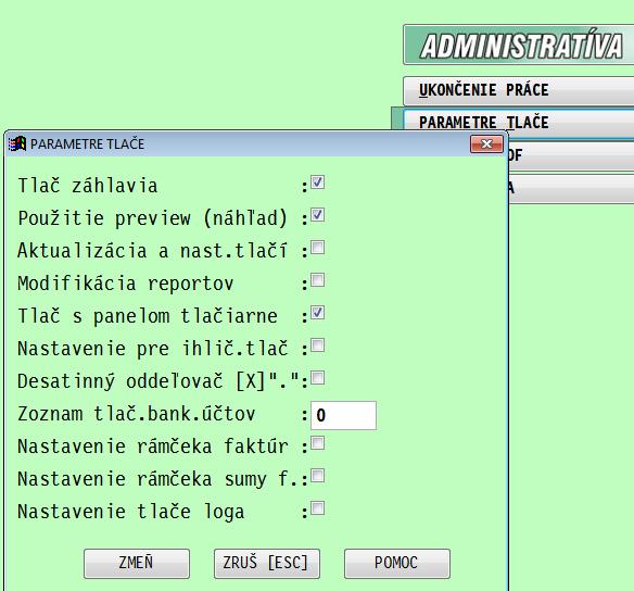 Parametre tlače Voliteľná tlač loga na dokladoch Program a vybrané tlačové zostavy sú upravené tak, že užívateľ si môže zvoliť na akých