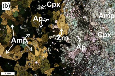 Obr. 5: Mikrofotografie skarnů pozdní jevy: (a) žilka tvořená jemnozrnným bezbarvým klinopyroxenem