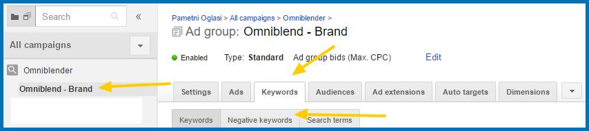Poglejmo kako dodamo negativne ključne besede v naše AdWords kampanje. 1.